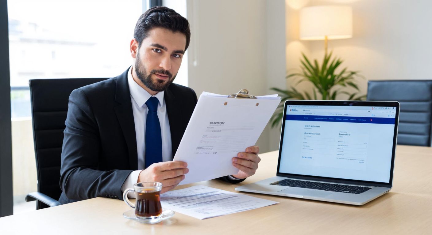 A determined Turkish entrepreneur in a modern office, holding a business plan and legal documents, with a laptop displaying a registration form and a steaming cup of Turkish coffee on the desk.