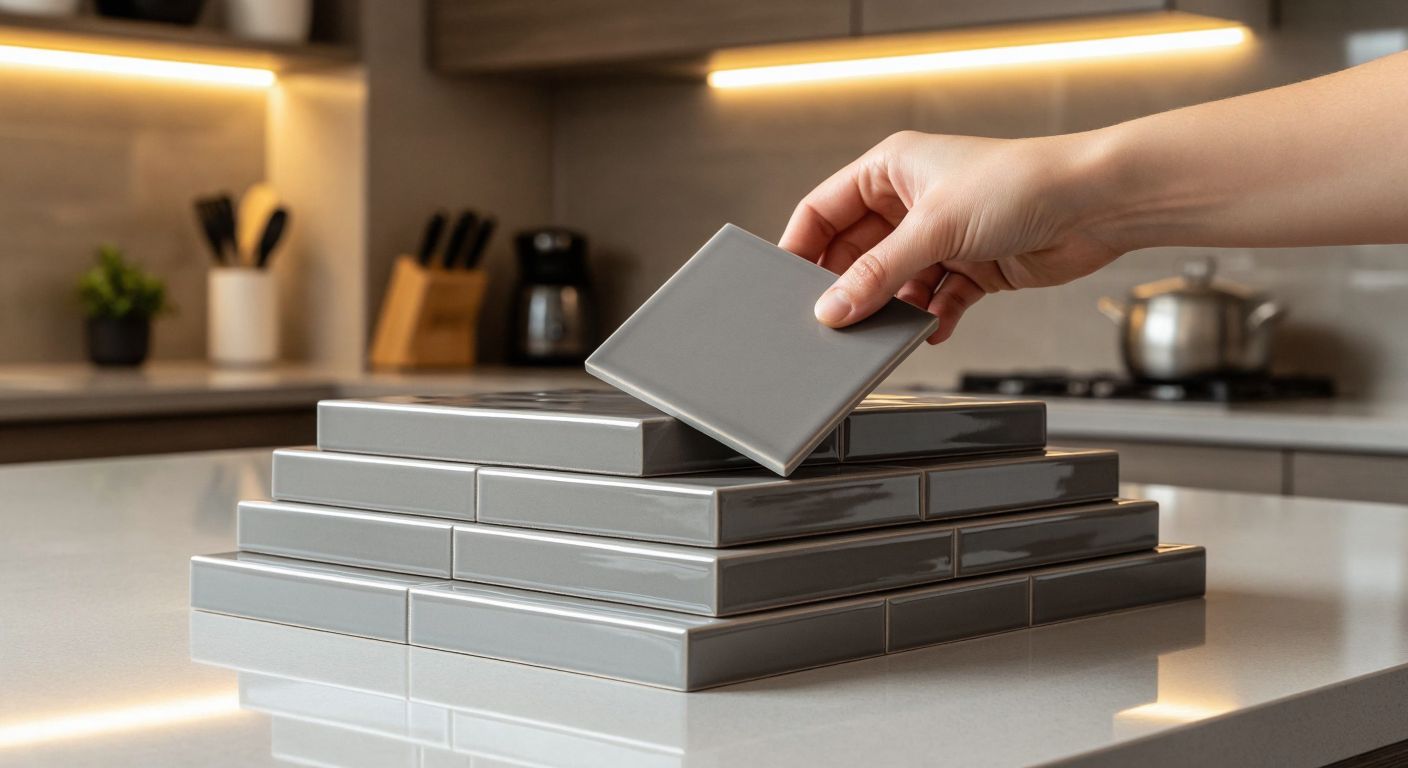 A neatly arranged stack of glossy gray ceramic tiles in a modern Turkish home, with a hand placing one tile on a kitchen backsplash under warm lighting.