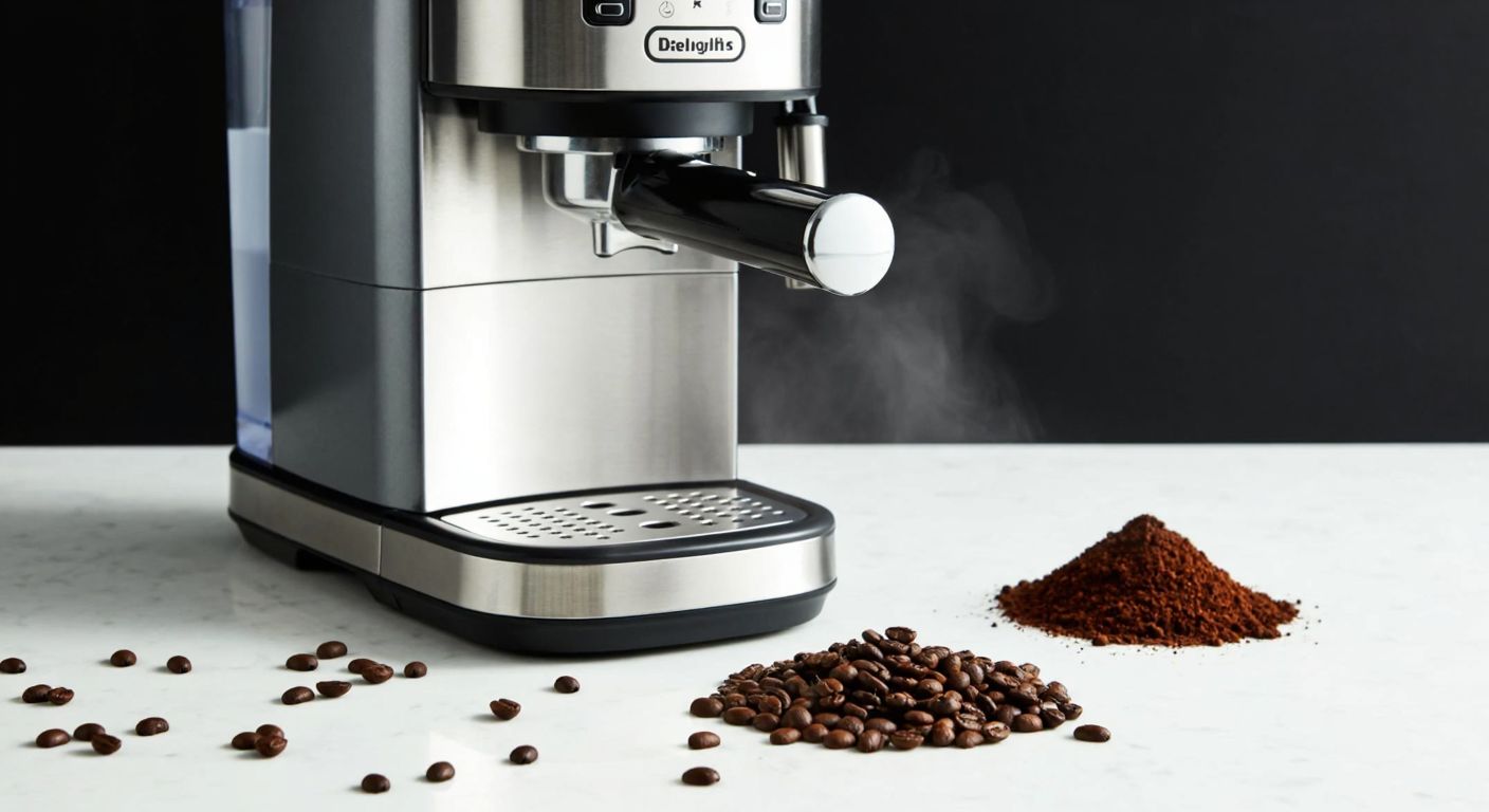 A sleek Delonghi coffee machine sits on a marble countertop, surrounded by scattered dark roasted espresso coffee beans and a small pile of finely ground coffee, with warm steam rising from the machine's spout.