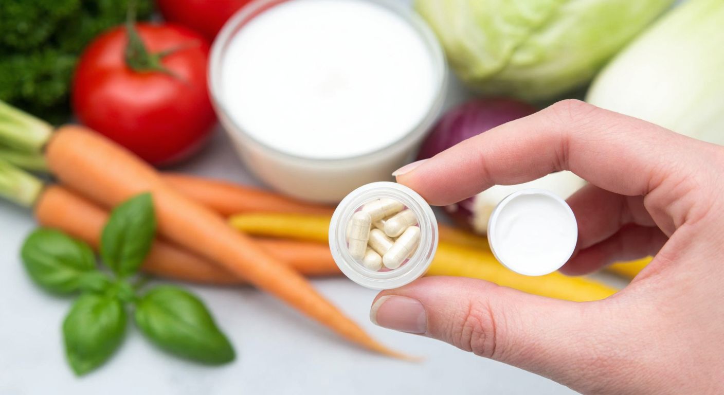 A hand holding a small, clear bottle of probiotic capsules against a backdrop of fresh yogurt and colorful vegetables, symbolizing gut health and natural nutrition.