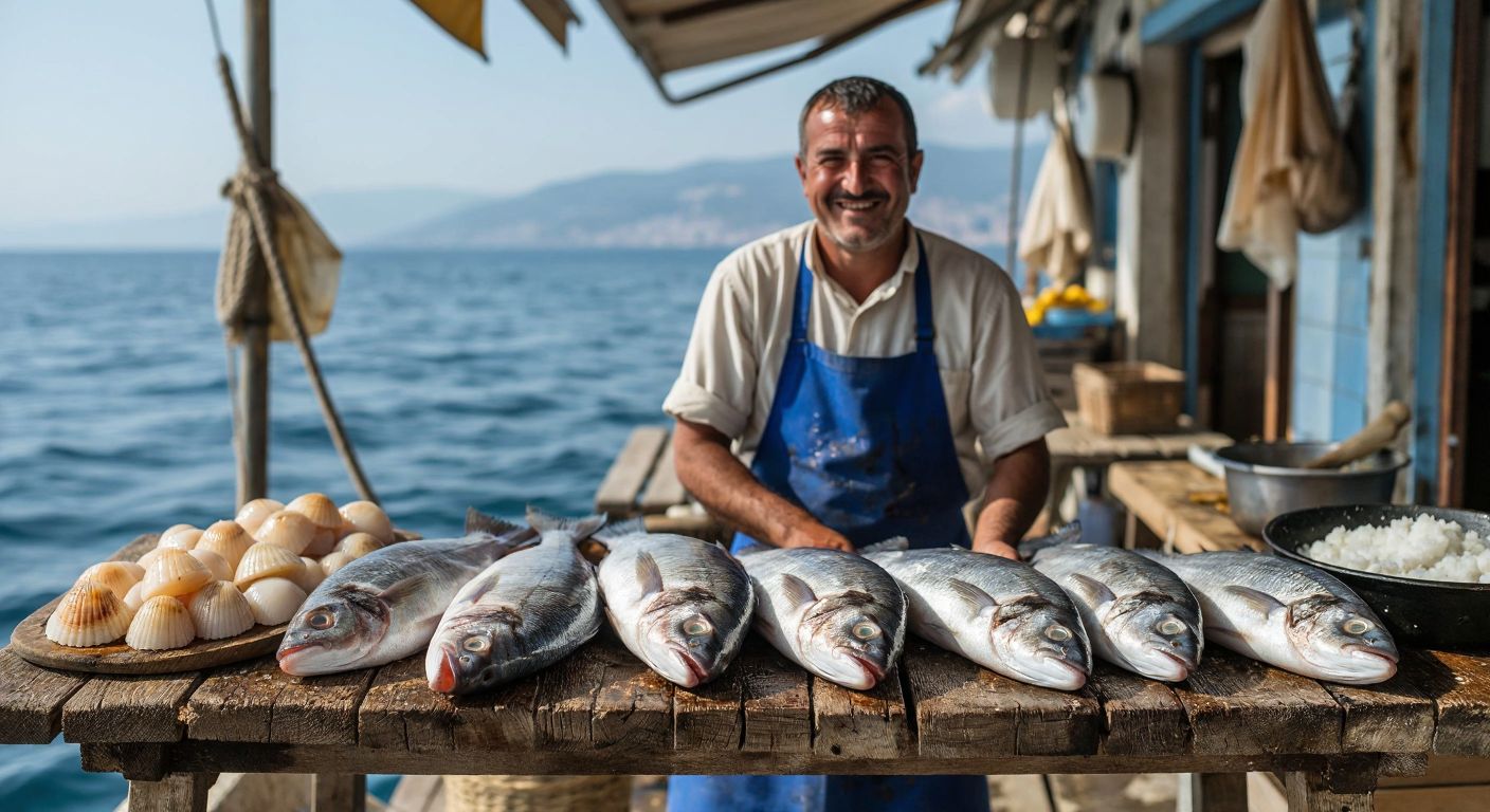 A fresh, glistening Pangasius fish and plump scallops arranged on a rustic wooden table by the sea, with a Turkish fisherman in a blue apron smiling proudly as he prepares them for cooking.