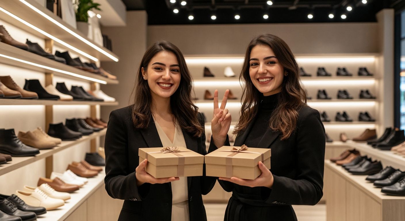 A smiling Turkish woman in a modern boutique holds three elegant Altınyıldız shoe boxes while gesturing toward a cashier with two fingers raised, surrounded by shelves of stylish footwear under warm lighting.