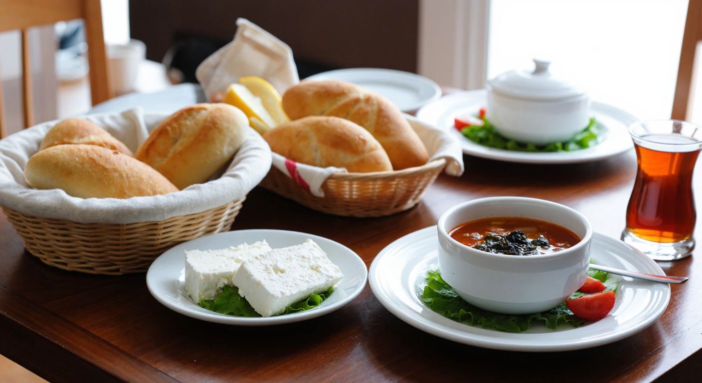 A wooden table in a cozy Turkish kitchen is set with a basket of fresh bread, a plate of white cheese, a bowl of steaming soup, and a glass of tea, evoking the warmth of shared meals.