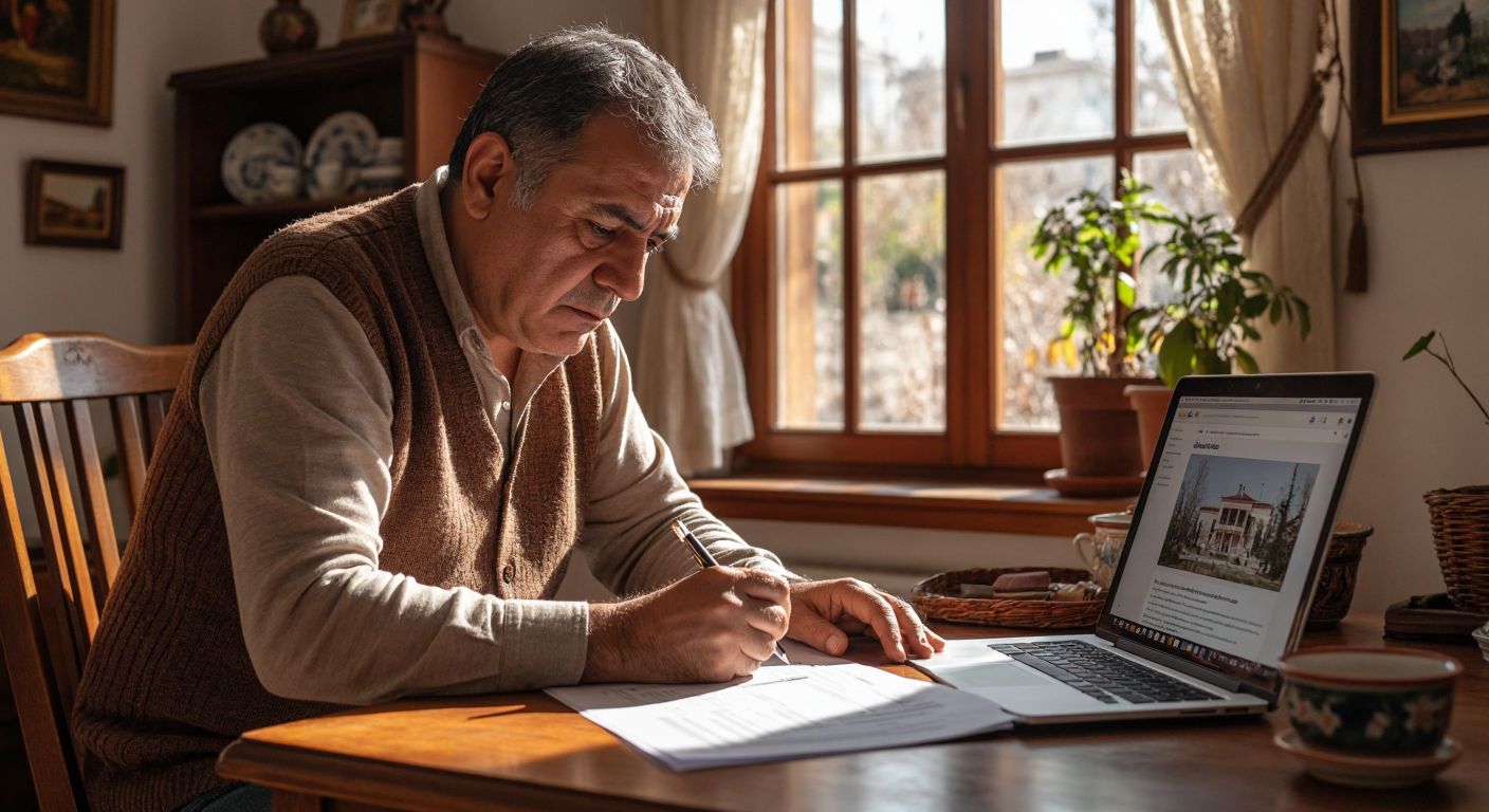 A determined middle-aged Turkish man in casual attire sits at a wooden desk in a modest home, intently filling out a paper form with a pen, while a laptop displaying a government website sits open beside him.