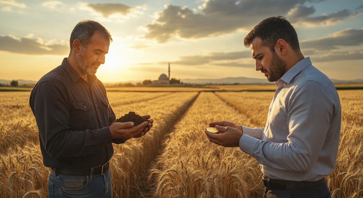 A Turkish farmer standing in a sunlit wheat field holding a handful of soil, while a businessman in a modern office examines a gold coin, visually contrasting natural resource value (rent) with capital return (interest).
