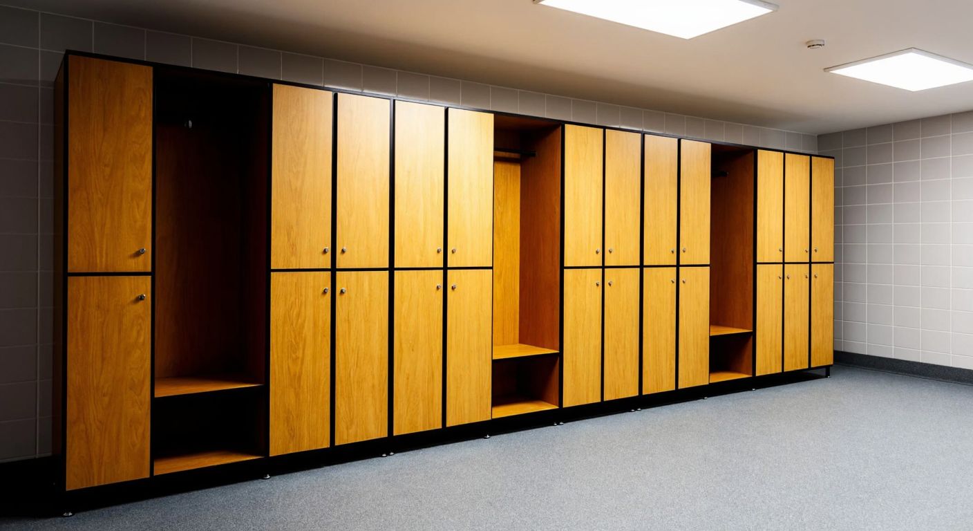 A row of wooden changing room lockers in a gym, with varying sizes from single to multiple compartments, placed against a tiled wall under bright fluorescent lights.