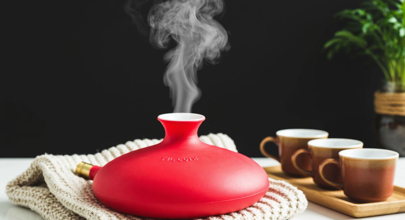 A cozy Turkish home scene with a red rubber hot water bottle resting on a knitted blanket, steam gently rising from its spout, surrounded by warm-toned ceramic tea cups on a wooden tray.