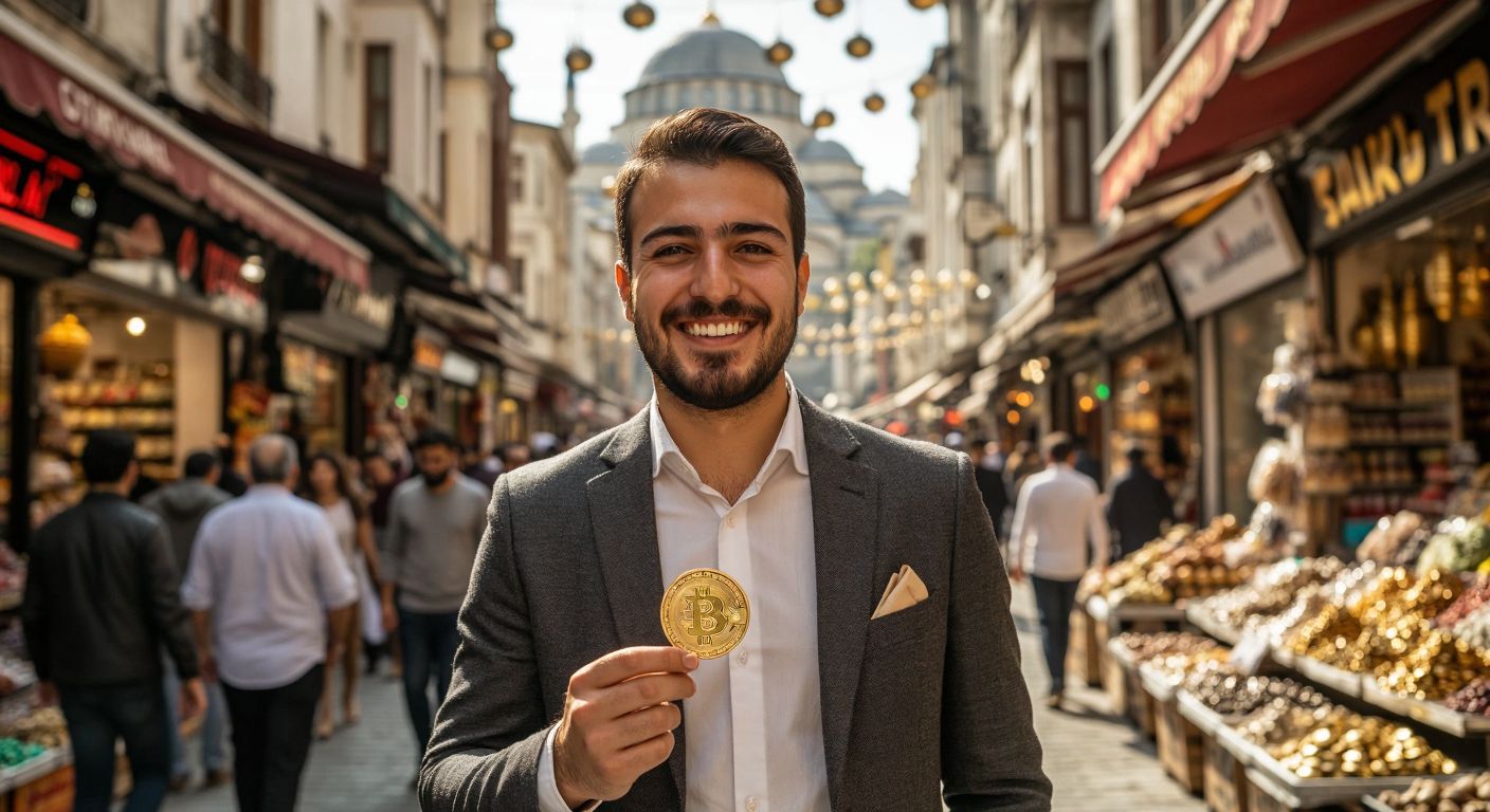 A Turkish investor in a bustling Istanbul bazaar, smiling confidently while holding a golden coin that gleams under the sunlight, symbolizing the peak value of TURSG.