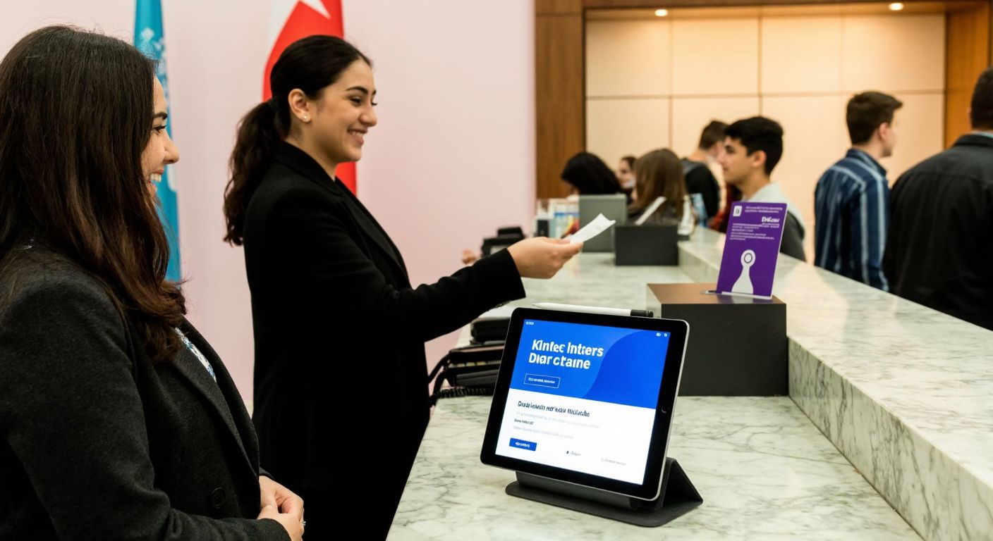 A bustling ticket counter at Atatürk Kültür Merkezi with a smiling clerk handing a ticket to a young student holding their ID, while a digital tablet displaying a booking website sits nearby on the marble counter.