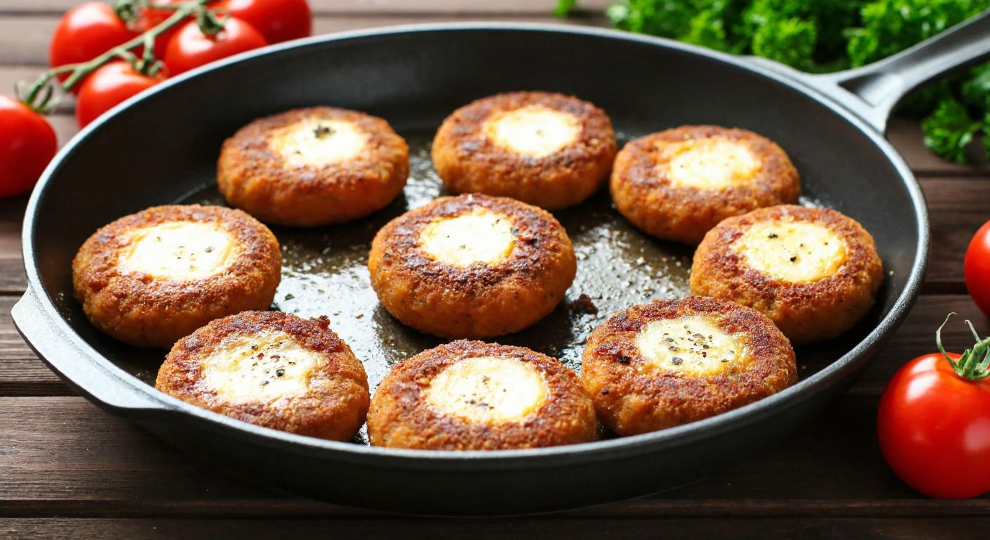 A close-up of golden-brown *kaşarlı köfte* sizzling in a pan, sprinkled with freshly ground black pepper, cumin, and a blend of aromatic spices, surrounded by vibrant red tomatoes and green parsley on a rustic wooden table.