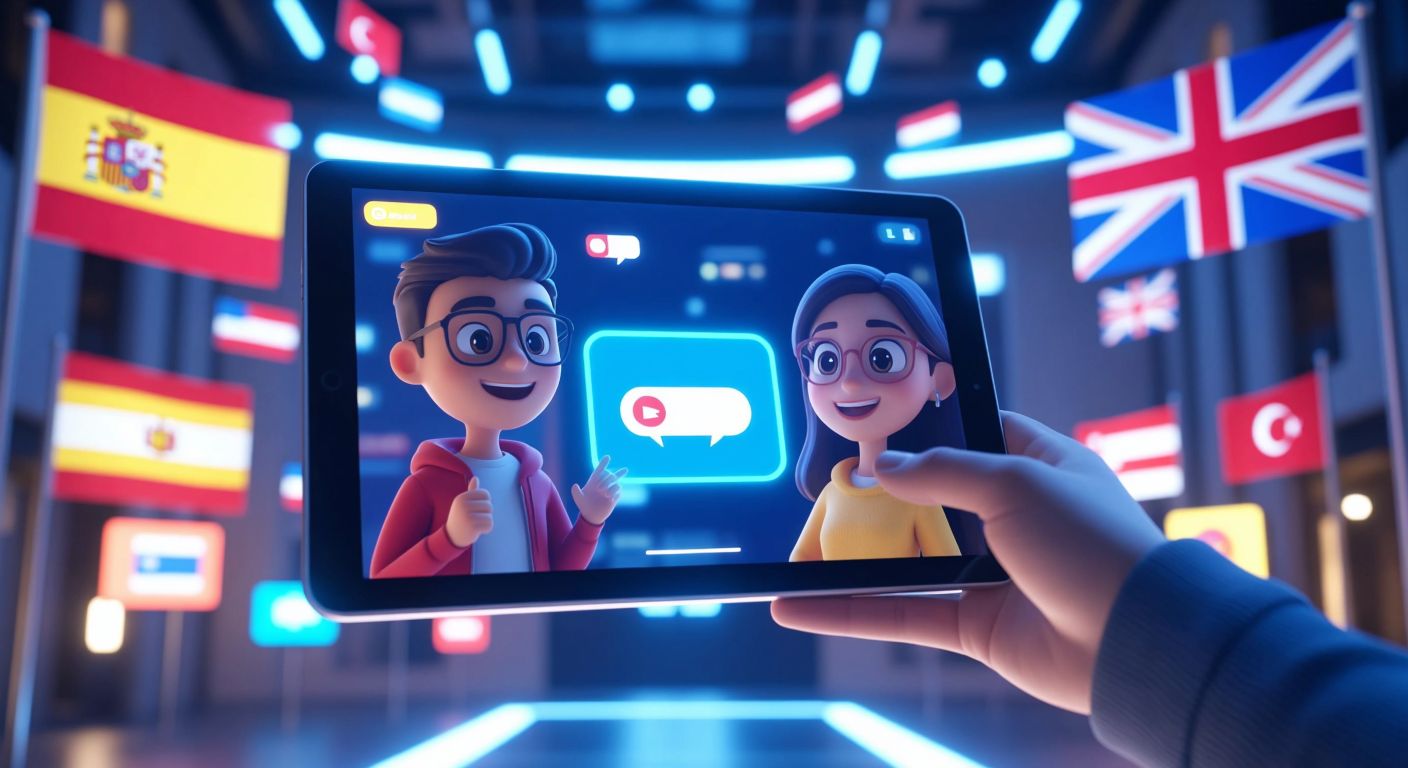 A vibrant digital tablet floating in mid-air displays animated characters speaking different languages, surrounded by glowing flags of Spain, Germany, and the UK, with a curious Turkish user in modern casual wear reaching out to interact with it.
