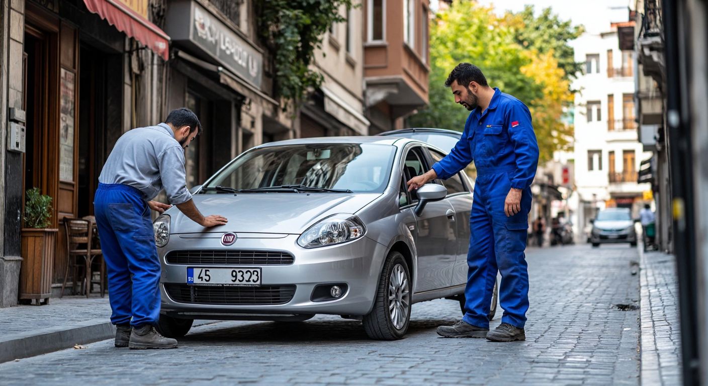 A sleek silver Fiat Punto parked on a cobblestone street in Istanbul, with a thoughtful Turkish man in casual attire examining its engine while a mechanic in a blue jumpsuit gestures toward the car's interior.