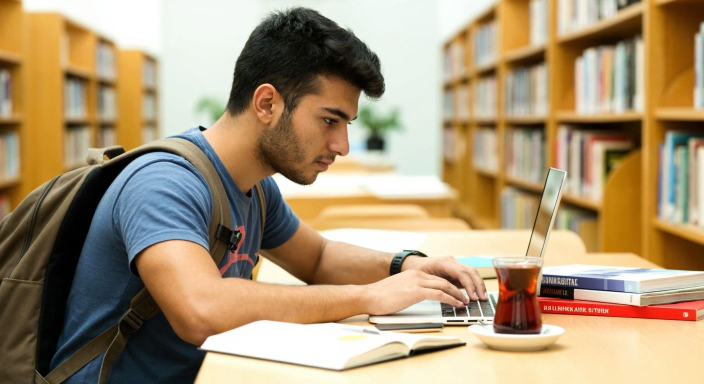 A young Turkish student in a university library, wearing a backpack, intently typing on a laptop with a focused expression, surrounded by books and a steaming cup of çay (tea) on the table.