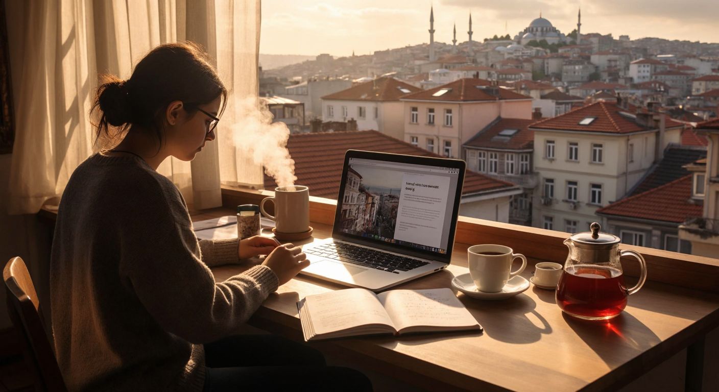 A focused student sits at a wooden desk with a laptop open to a timer website, a notebook with handwritten notes, and a steaming cup of Turkish tea, while sunlight streams through a window with a view of Istanbul's rooftops.