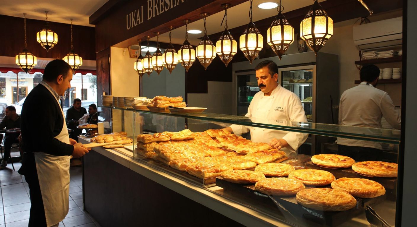 A bustling Turkish börek shop in Bursa’s Nilüfer district, with golden, flaky pastries displayed in a glass counter, a mustachioed baker in a white apron serving customers, and the warm glow of traditional lanterns overhead.