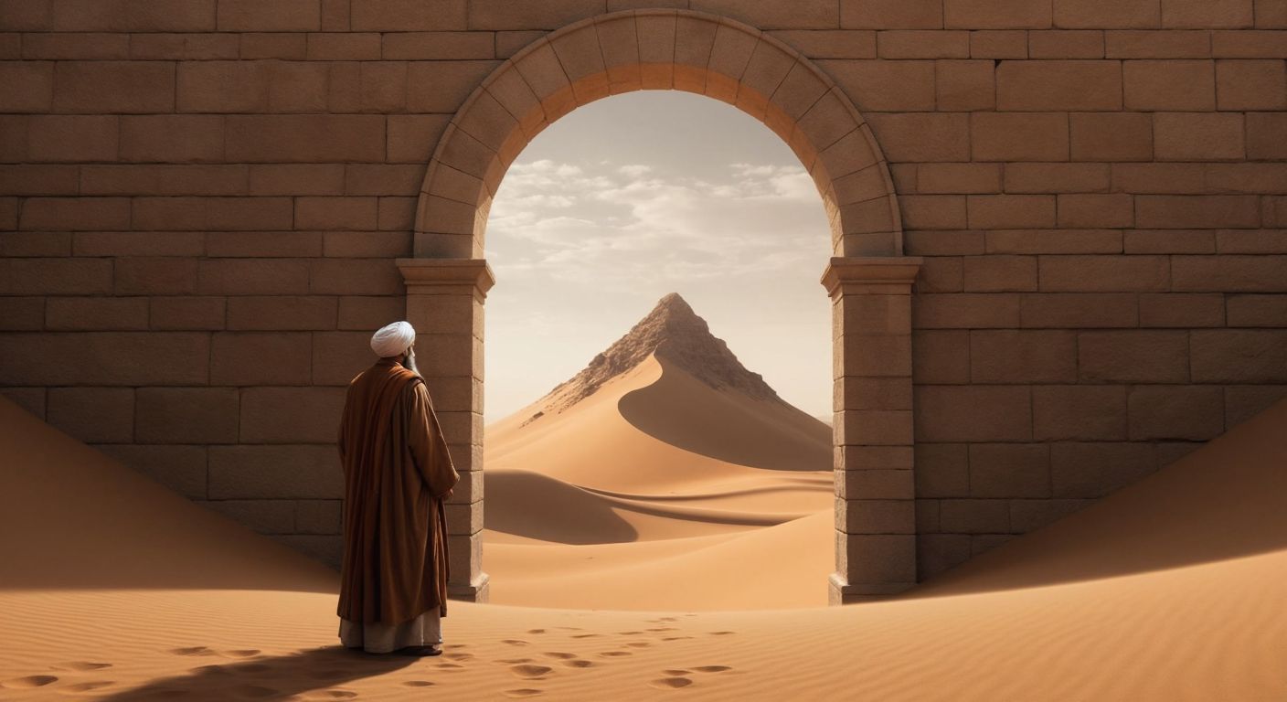 A serene, ancient Turkish philosopher in traditional robes stands beneath a towering, unchanging stone archway, gazing at a shifting sand dune below, symbolizing eternal logical truths versus mutable factual truths.