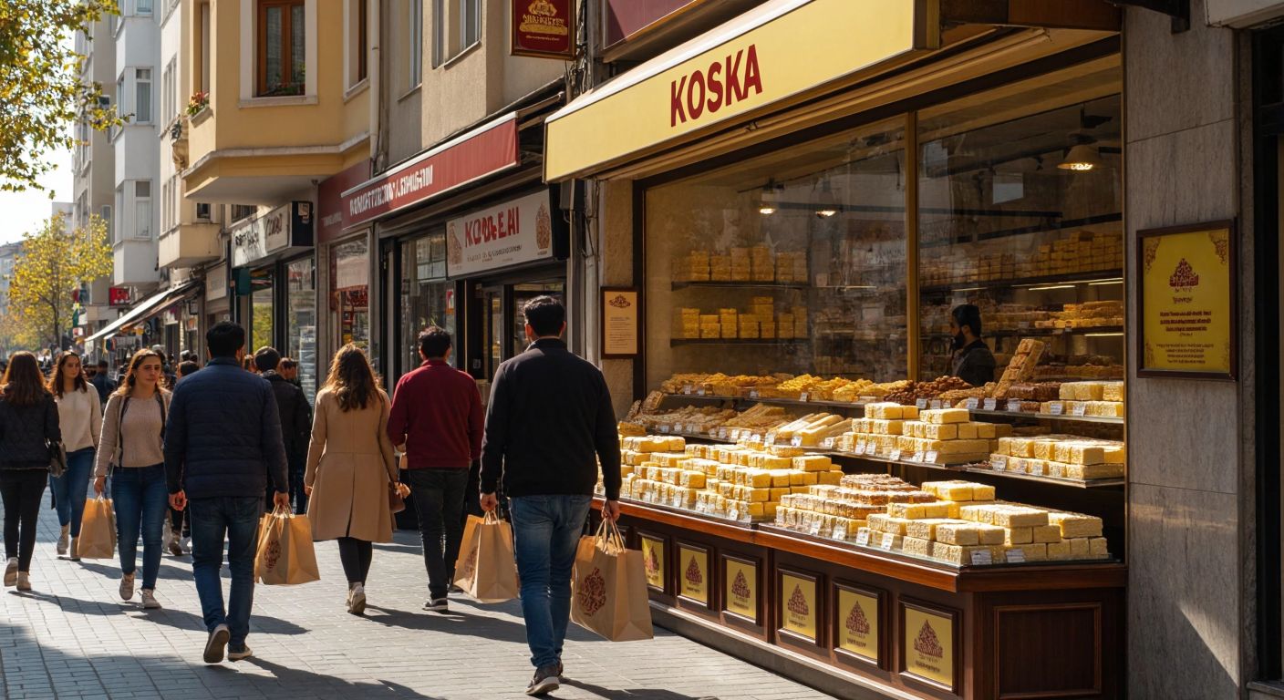 A bustling Turkish street in Beylikdüzü with a bright Koska storefront displaying shelves of golden helva, surrounded by shoppers in casual attire carrying shopping bags, under a warm afternoon sun.