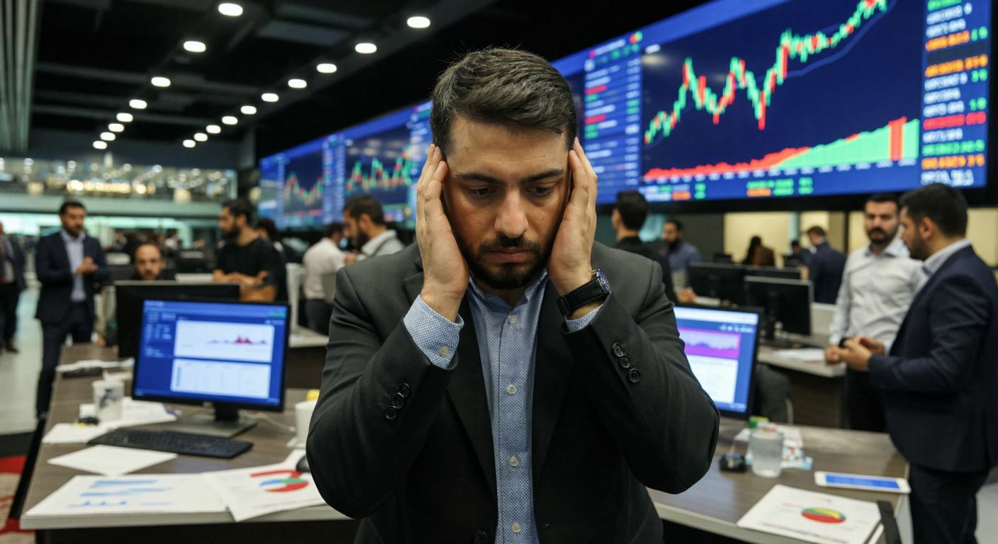 A worried Turkish investor in a bustling Istanbul stock exchange, staring at a downward-trending graph on a large display, surrounded by anxious colleagues and scattered financial reports.