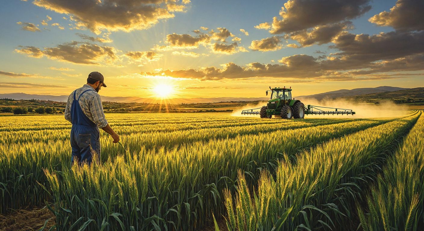 A sunlit Turkish wheat field with a farmer in overalls inspecting healthy crops, while a Ferbis-branded tractor sprays fertilizer in the background.