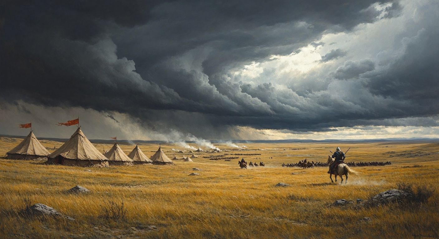 A vast, windswept Eurasian steppe with scattered remnants of nomadic Kipchak-Cuman tents, distant Mongol horsemen charging under stormy skies, and a few blonde, blue-eyed warriors blending into Hungarian or Balkan villages.