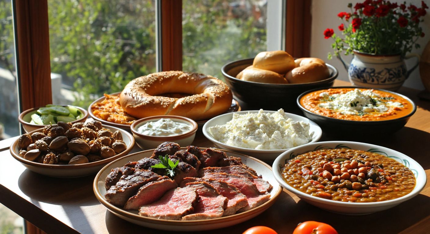 A vibrant Turkish kitchen table laden with slices of beef, grilled chicken, white cheese, yogurt, a bowl of mixed nuts, sesame-studded simit, and a plate of lentil stew, all bathed in warm sunlight.
