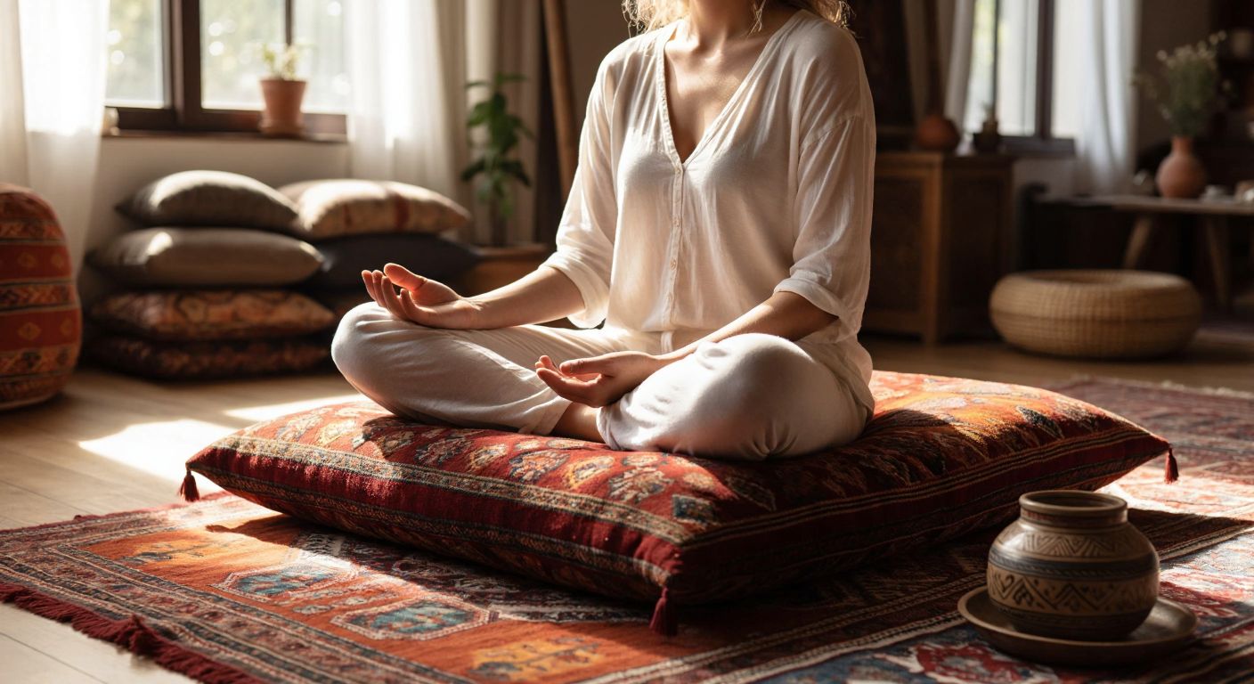 A person with relaxed posture sits cross-legged on a traditional Turkish floor cushion, back straight and hands resting gently on their knees, surrounded by warm-toned textiles in a cozy, sunlit room.