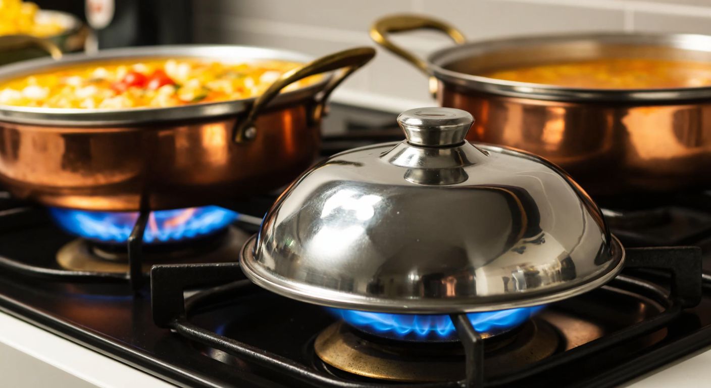 A close-up of a shiny, enamel-coated stove burner cap resting on a Turkish kitchen counter, with a faint blue gas flame flickering beneath it, surrounded by simmering pots of traditional dishes like çorba and pilav.