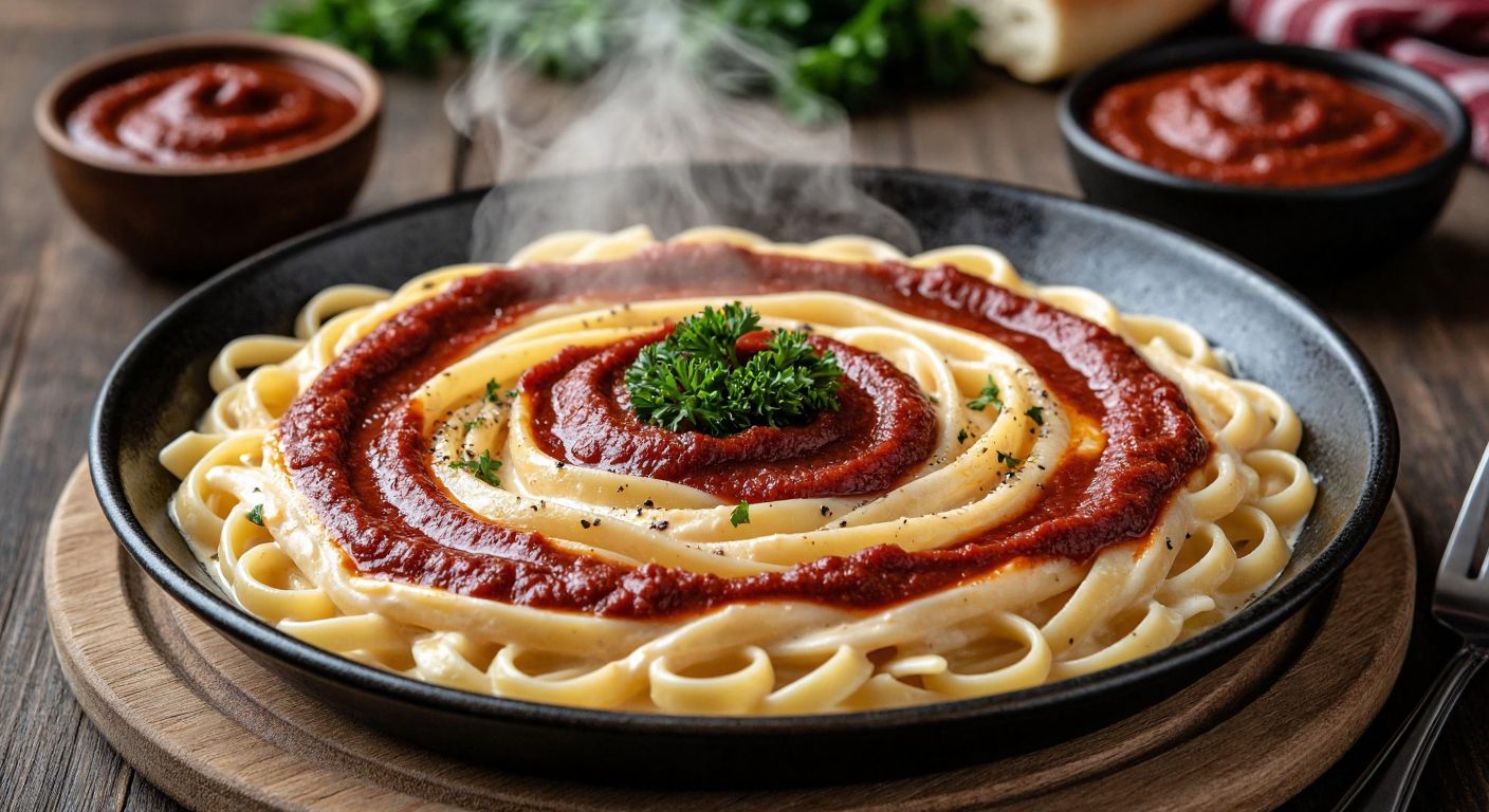 A steaming plate of creamy pasta topped with swirls of red tomato paste and dark red pepper paste, garnished with fresh parsley, set on a rustic wooden table in a cozy Turkish kitchen.