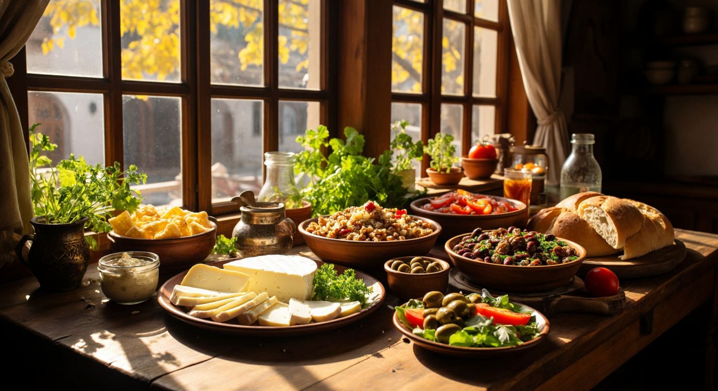 A rustic wooden table in a Turkish kitchen holds a spread of fresh büş peynir slices, honey-drizzled walnuts, olives, warm bread, and a colorful salad, with sunlight streaming through a window onto the vibrant breakfast scene.
