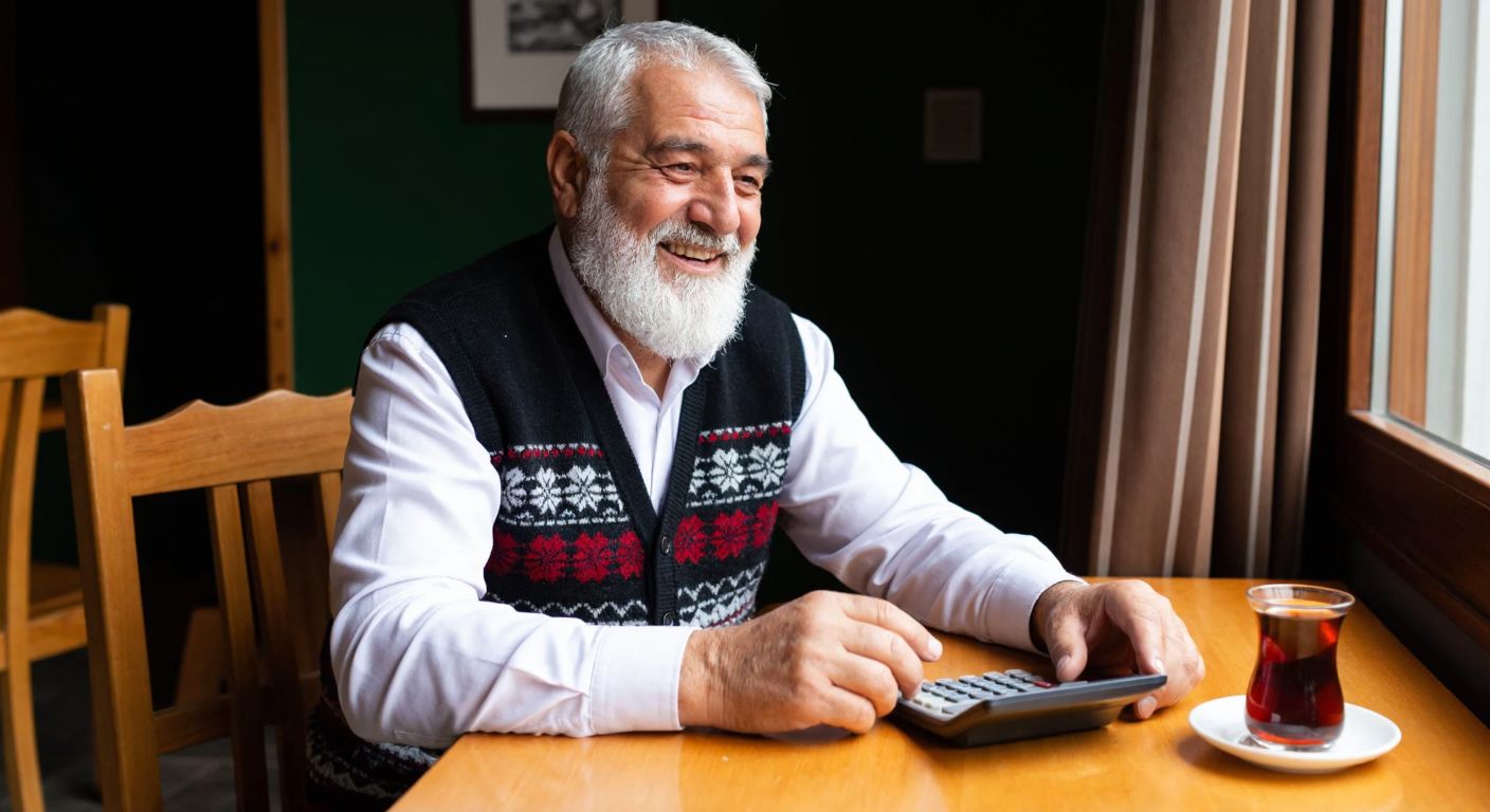 A smiling elderly Turkish man with a white beard and a traditional knitted vest thoughtfully taps numbers into a calculator while sitting at a wooden table with a steaming cup of çay.