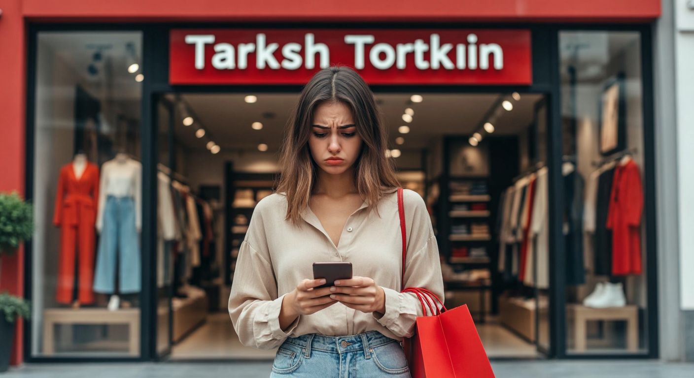 A disappointed young woman in casual clothing stands in front of a modern Turkish clothing store with a shopping bag, frowning at her phone while holding a wallet.
