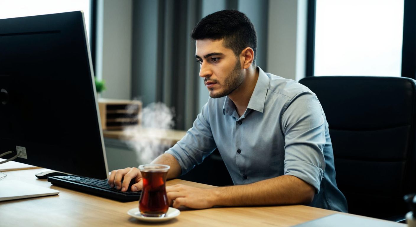 A focused Turkish office worker in a modern workspace, wearing a collared shirt, intently navigating a computer screen with a determined expression, while a steaming cup of Turkish tea sits nearby on a wooden desk.