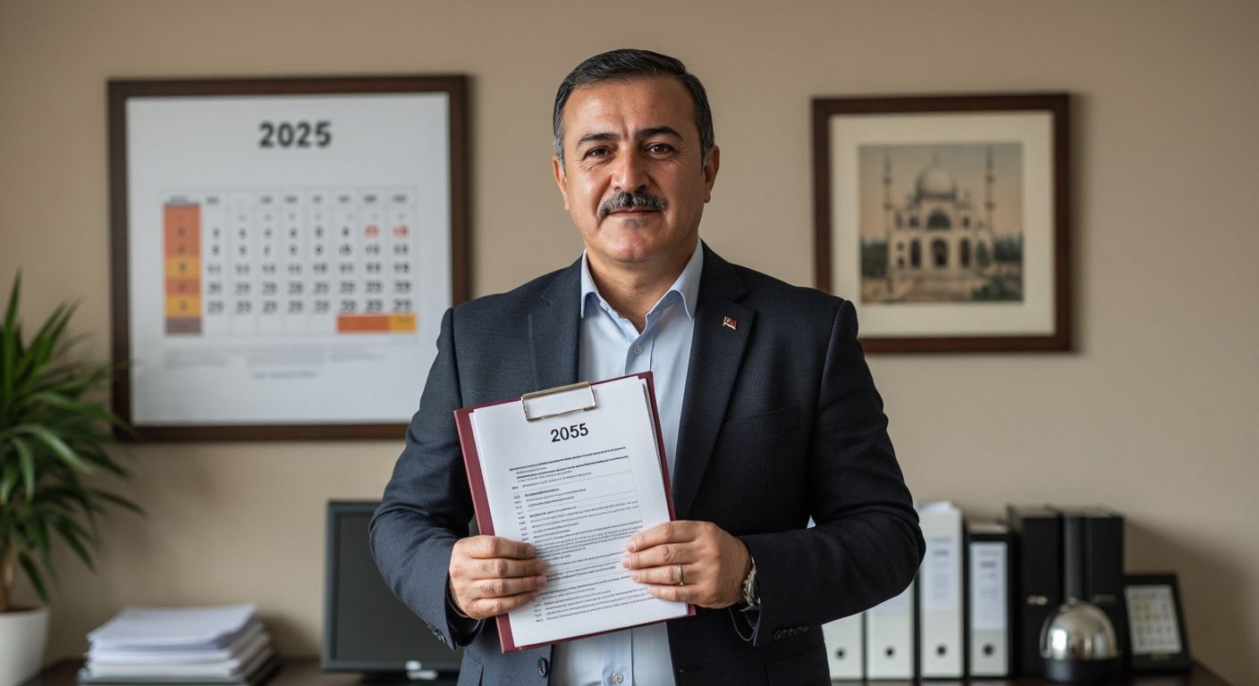 A relieved middle-aged Turkish man in a modest office setting, holding official documents with a faint smile, while a calendar on the wall subtly shows the year 2025.  

(Note: The calendar is implied but not explicitly labeled, adhering to the constraints.)