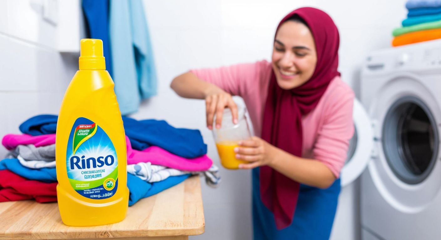 A bright yellow bottle of Rinso liquid detergent sits on a wooden laundry table next to a pile of colorful clothes, with a smiling Turkish woman in a headscarf measuring detergent into a washing machine.