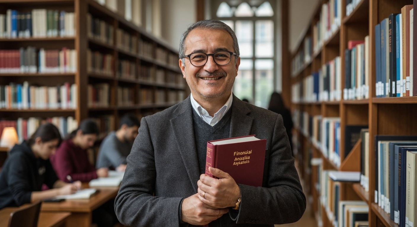 A distinguished Turkish professor in a library, holding a thick financial analysis book with a warm smile, surrounded by shelves of academic texts and students studying quietly in the background.
