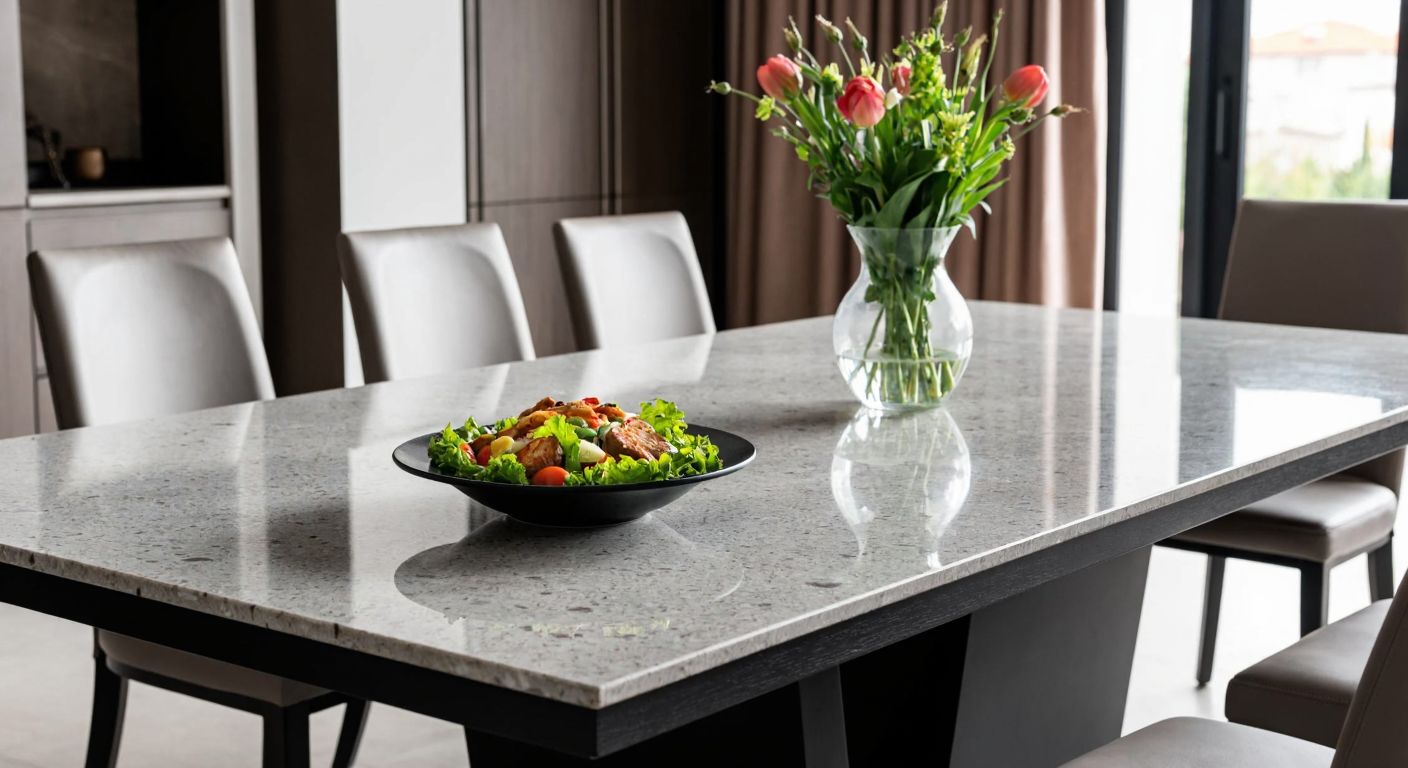 A sleek, polished stone dining table in a modern Turkish home, surrounded by elegant chairs, with a vase of fresh flowers and a bowl of colorful meze dishes placed on its smooth surface.