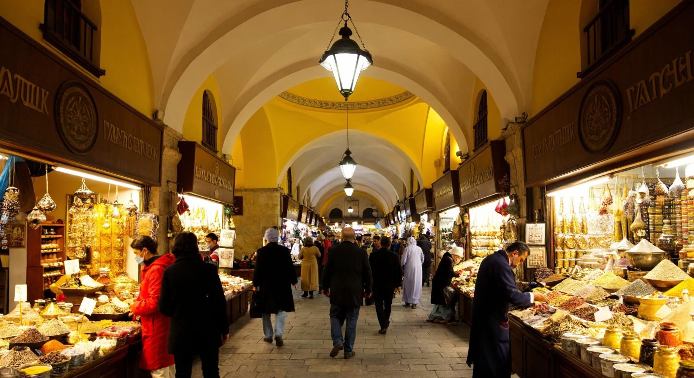 A bustling, historic bazaar in Istanbul with merchants haggling over gold and spices under arched stone passageways, evoking a lively yet traditional marketplace atmosphere.