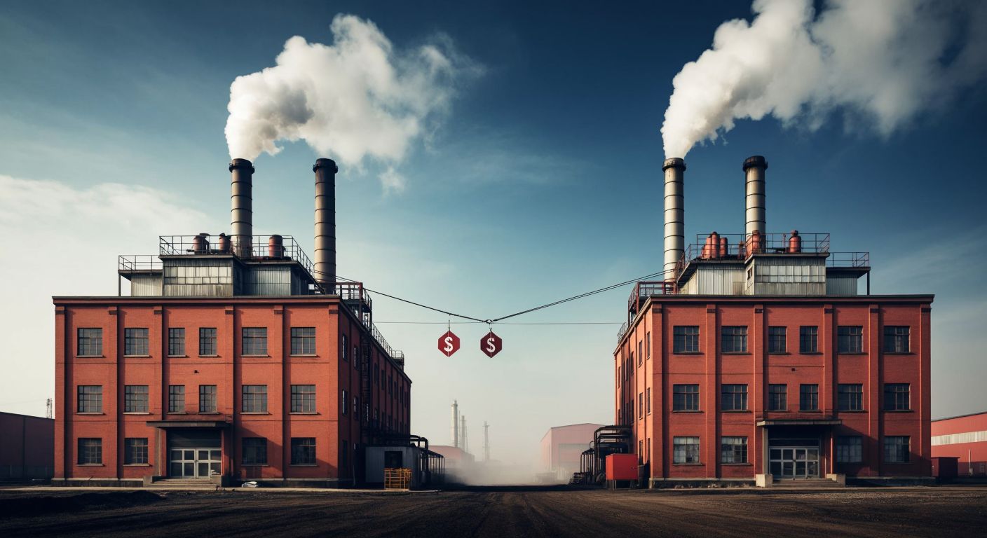 Two identical factory buildings with smokestacks stand side by side, their production lines visibly active but constrained, while a fluctuating price tag hovers unstably between them, symbolizing the competitive tension and lack of equilibrium in the Edgeworth oligopoly model.