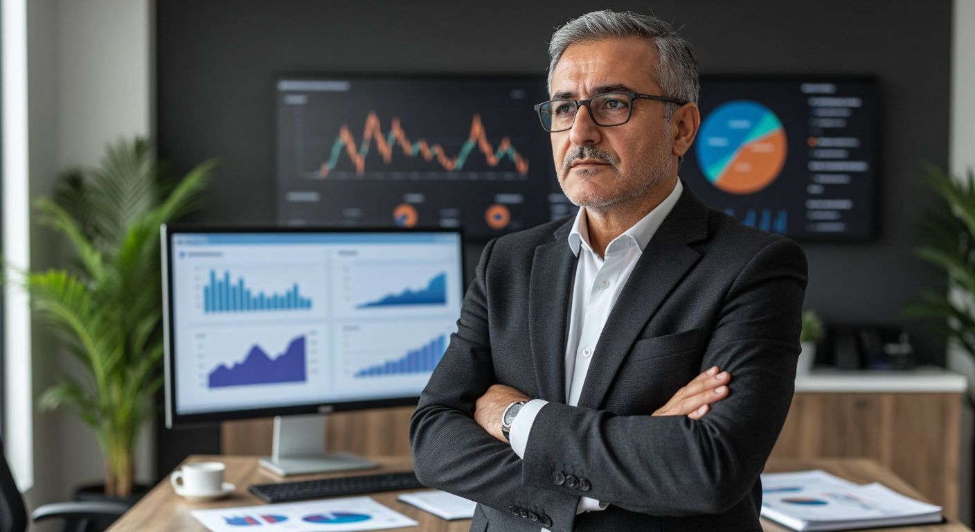 A middle-aged Turkish man in a business suit stands thoughtfully in front of a financial advisor’s desk, with charts and graphs (without labels) displayed on a monitor behind them, symbolizing retirement fund management strategies.