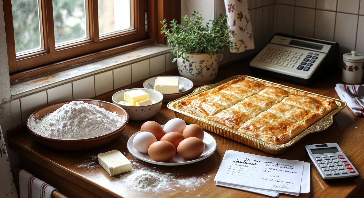 A Turkish kitchen counter covered with fresh ingredients for *su böreği*—flour, eggs, white cheese, and butter—neatly arranged beside a golden tray of the baked pastry, with a calculator and handwritten notes nearby.