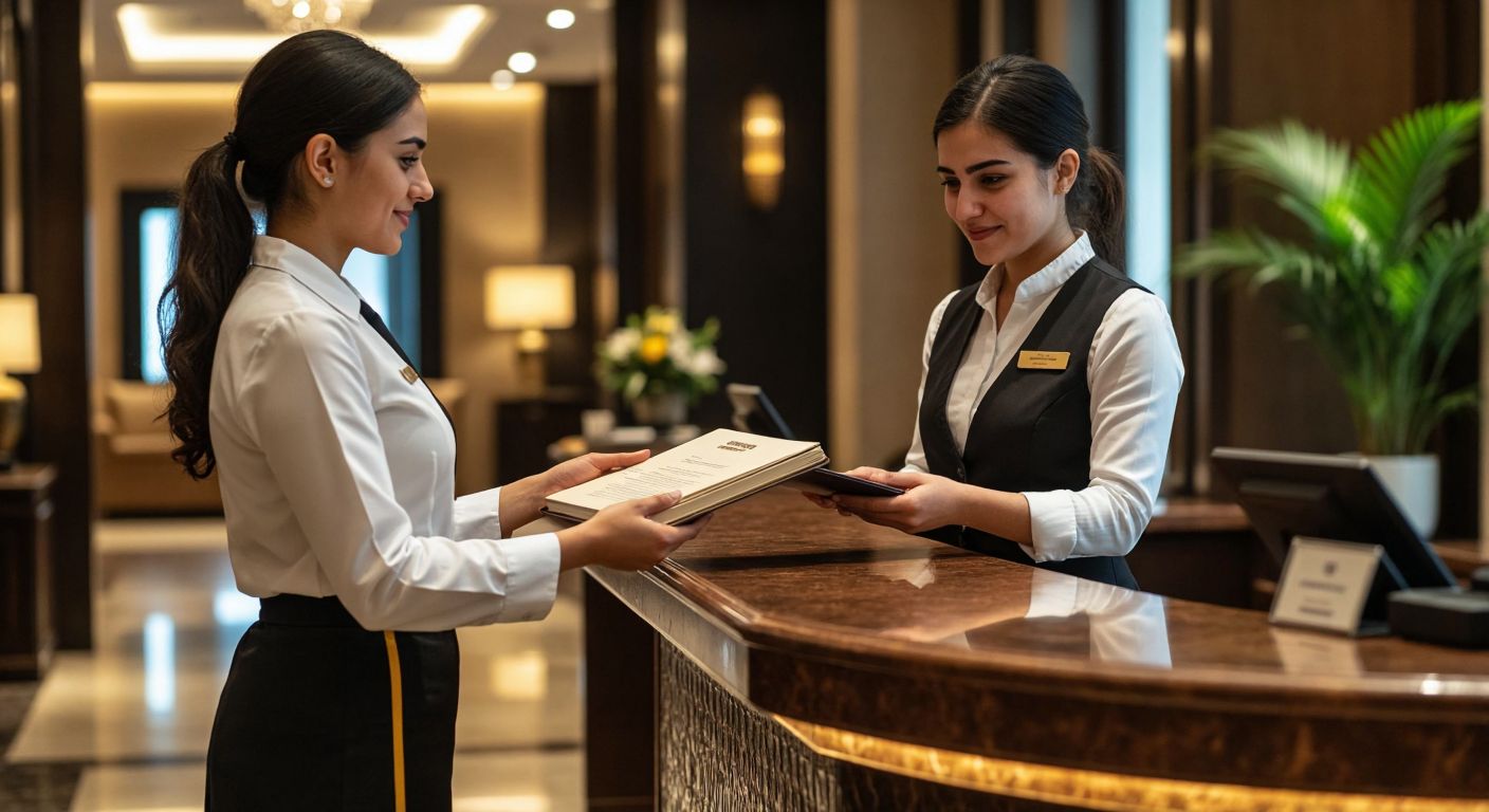 A hotel receptionist in a crisp uniform hands over a well-worn logbook to a colleague behind a polished wooden counter, their expressions focused and professional in a warmly lit Turkish hotel lobby.