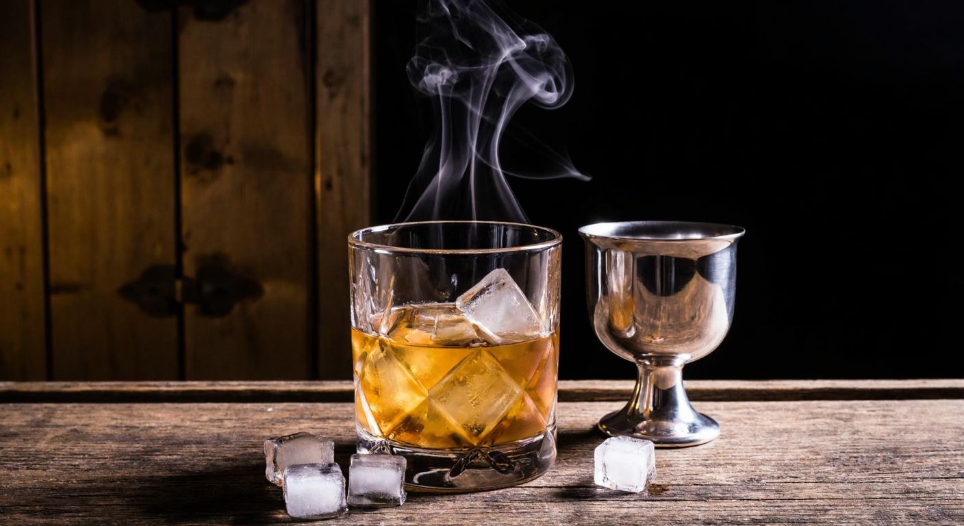 A dimly lit wooden bar in Scotland with a glass of amber Deacon Scotch Whisky served neat on a rocks glass, a few ice cubes melting beside it, and a quaich cup resting on a rustic table with a smoky mist rising from the drink.