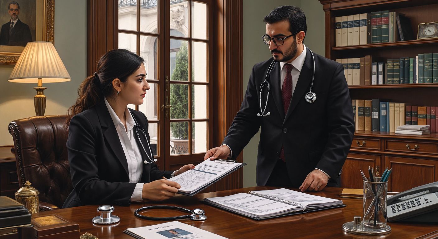 A Turkish accountant in a formal office setting compares two ledgers—one labeled with a stethoscope (representing freelance professionals like doctors) and the other with a shopfront (representing commercial businesses like pharmacies)—while a client listens attentively.