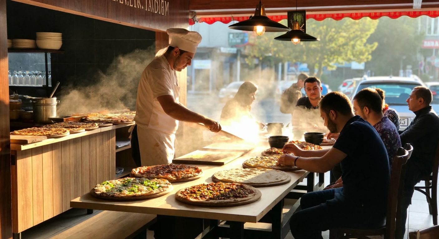 A bustling pide and lahmacun restaurant in Adapazarı, Sakarya, with steam rising from freshly baked flatbreads, a chef in a white apron skillfully stretching dough, and customers eagerly waiting at wooden tables under warm golden light.