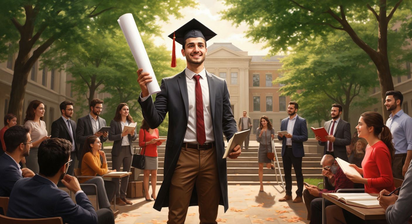 A young Turkish professional in a graduation cap stands confidently on a university campus, holding a diploma in one hand and gesturing toward a ladder leading to a shining career path, surrounded by books and peers engaged in discussion.