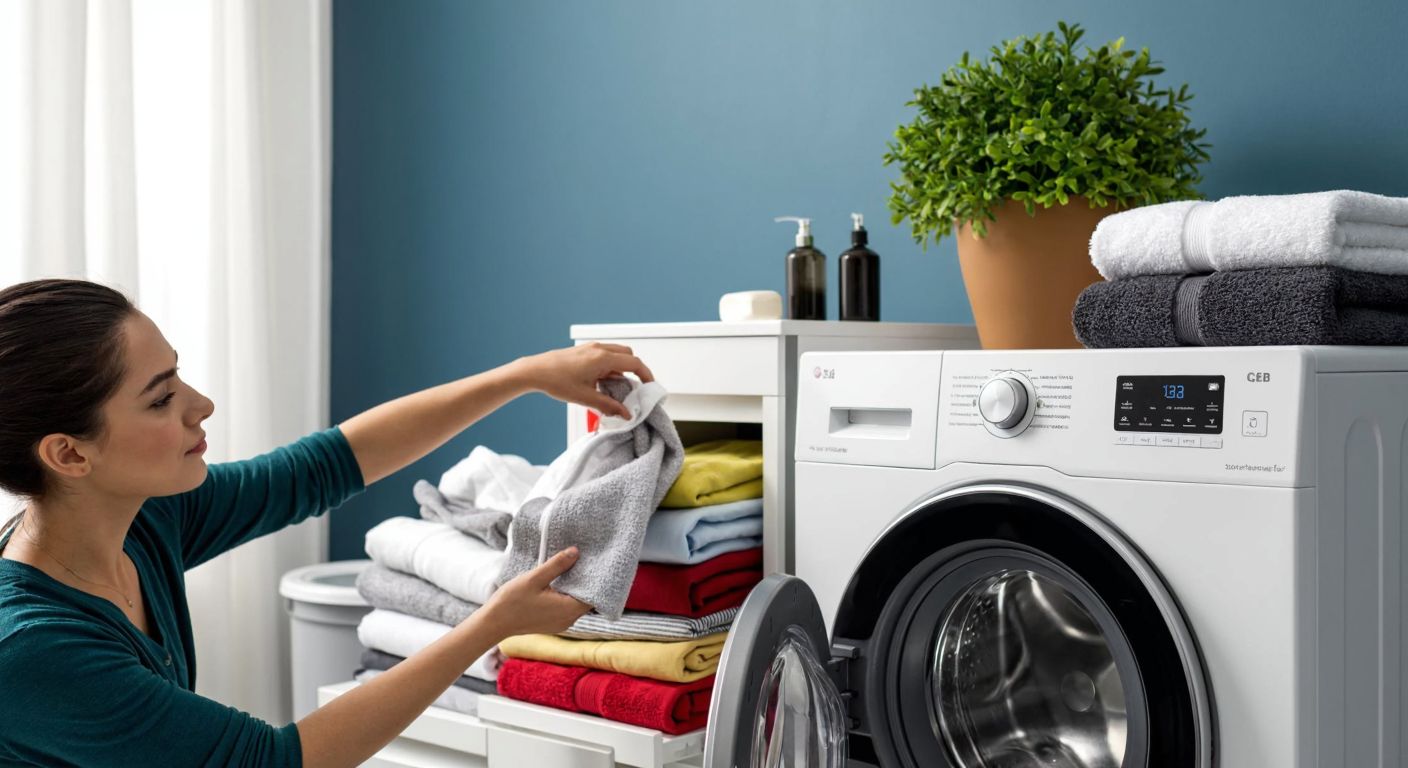 A modern Turkish laundry room with an LG washing machine, neatly stacked piles of cotton, synthetic, and delicate fabrics nearby, and a person adjusting the spin speed dial with a focused expression.