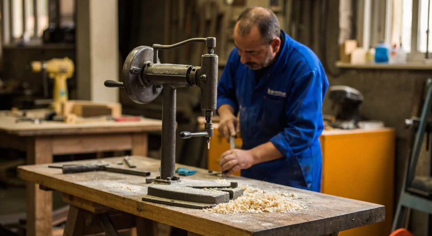 A sturdy, dust-covered foot-operated drill sits on a wooden workbench in a Turkish workshop, surrounded by scattered wood shavings and metal scraps, with a focused craftsman in a blue work apron adjusting its settings.