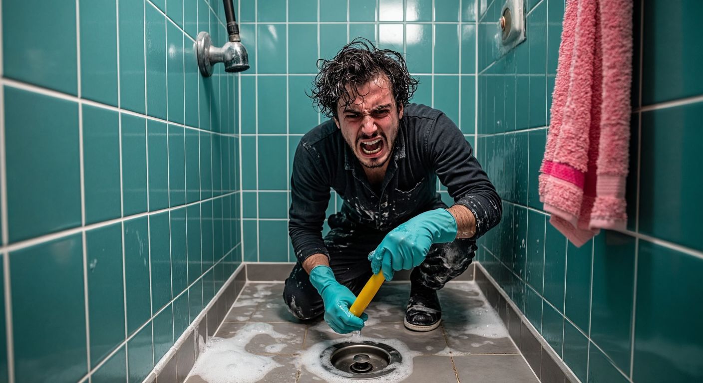 A frustrated person in a modern Turkish bathroom, wearing rubber gloves and holding a plunger, grimacing at a clogged shower drain with tangled hair and soap scum.