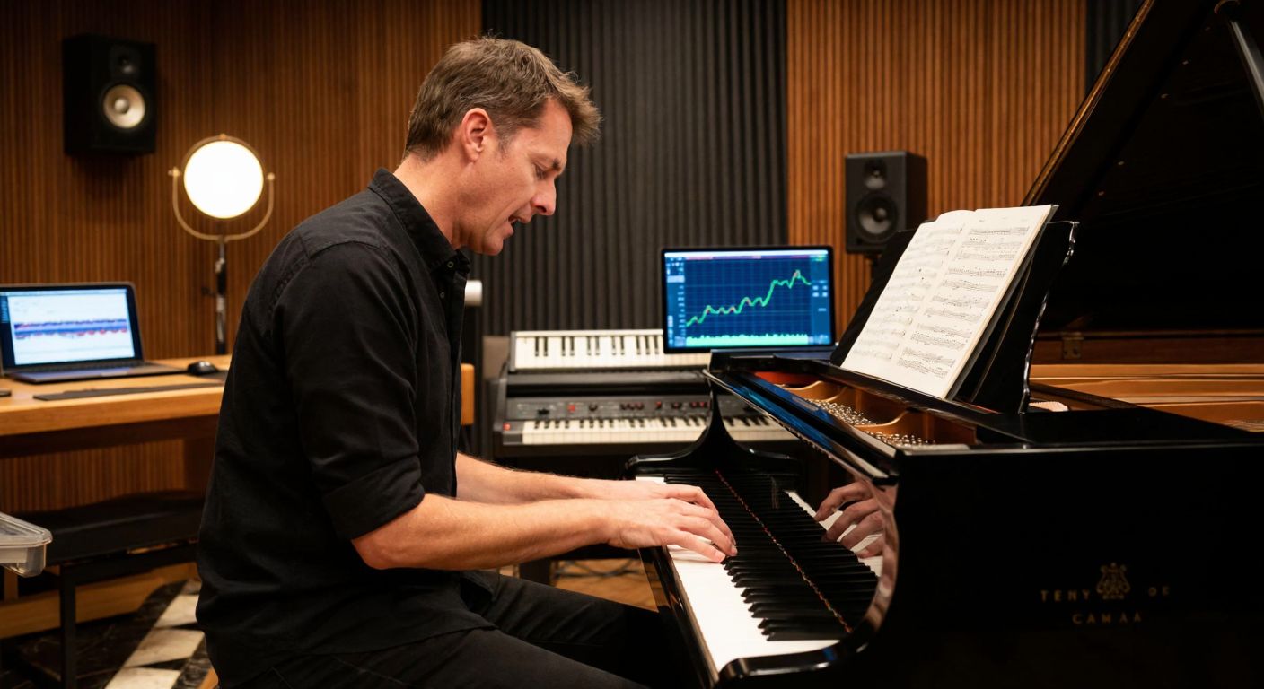 A middle-aged American man with short brown hair sits at a grand piano in a dimly lit recording studio, passionately playing while sheet music rests on the stand, surrounded by vintage recording equipment and a laptop displaying a financial chart on a nearby desk.