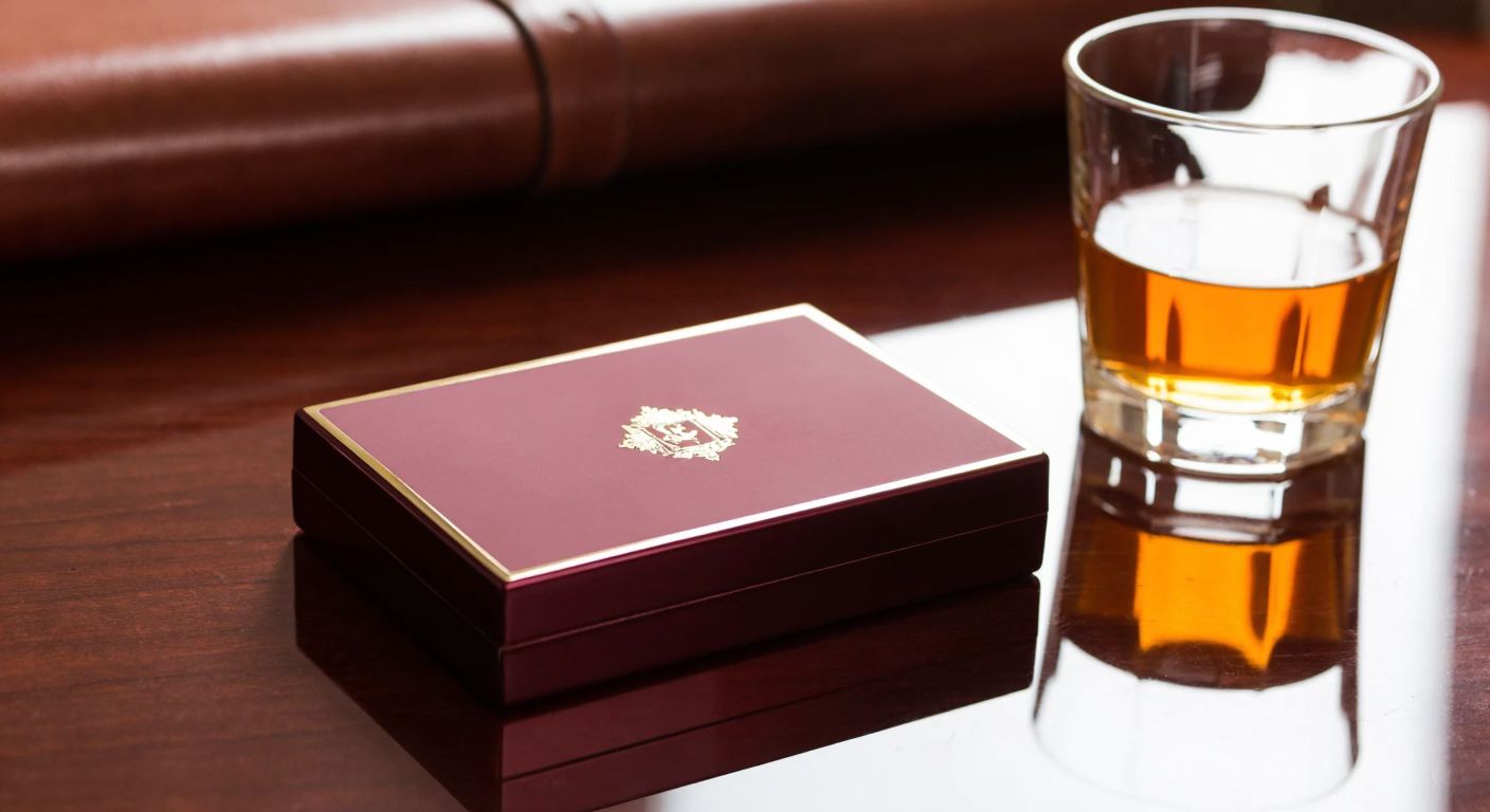 A sleek, burgundy-colored cigarette pack with a gold emblem rests on a polished wooden table beside a glass of amber whiskey, evoking a sophisticated and premium ambiance.